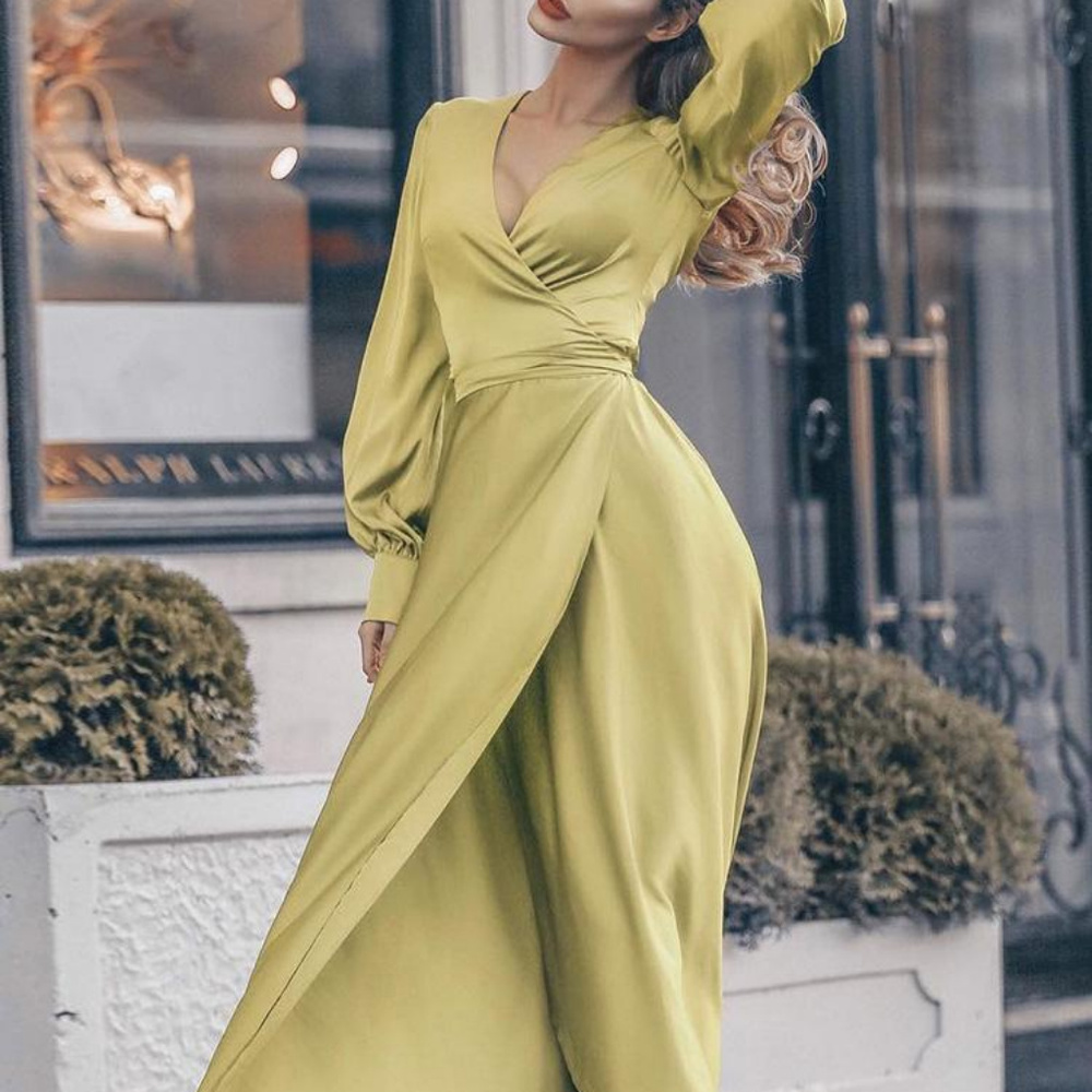 Lantern Sleeve V-Neck Wrap Irregular Dress